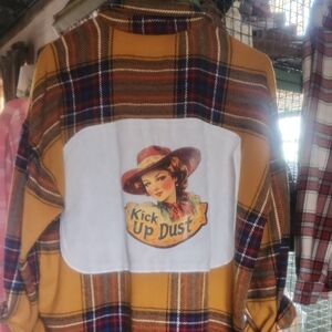 Mustard Plaid Flannel Jacket with Retro 'Kick Up Dust' Patch